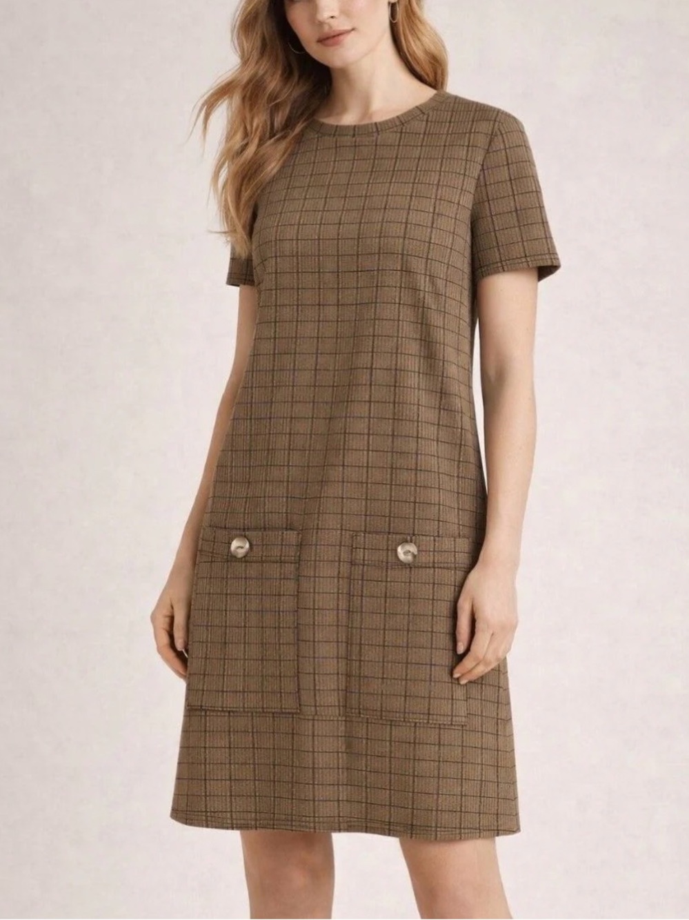 Zara Brown Plaid Short-Sleeve Shift Dress